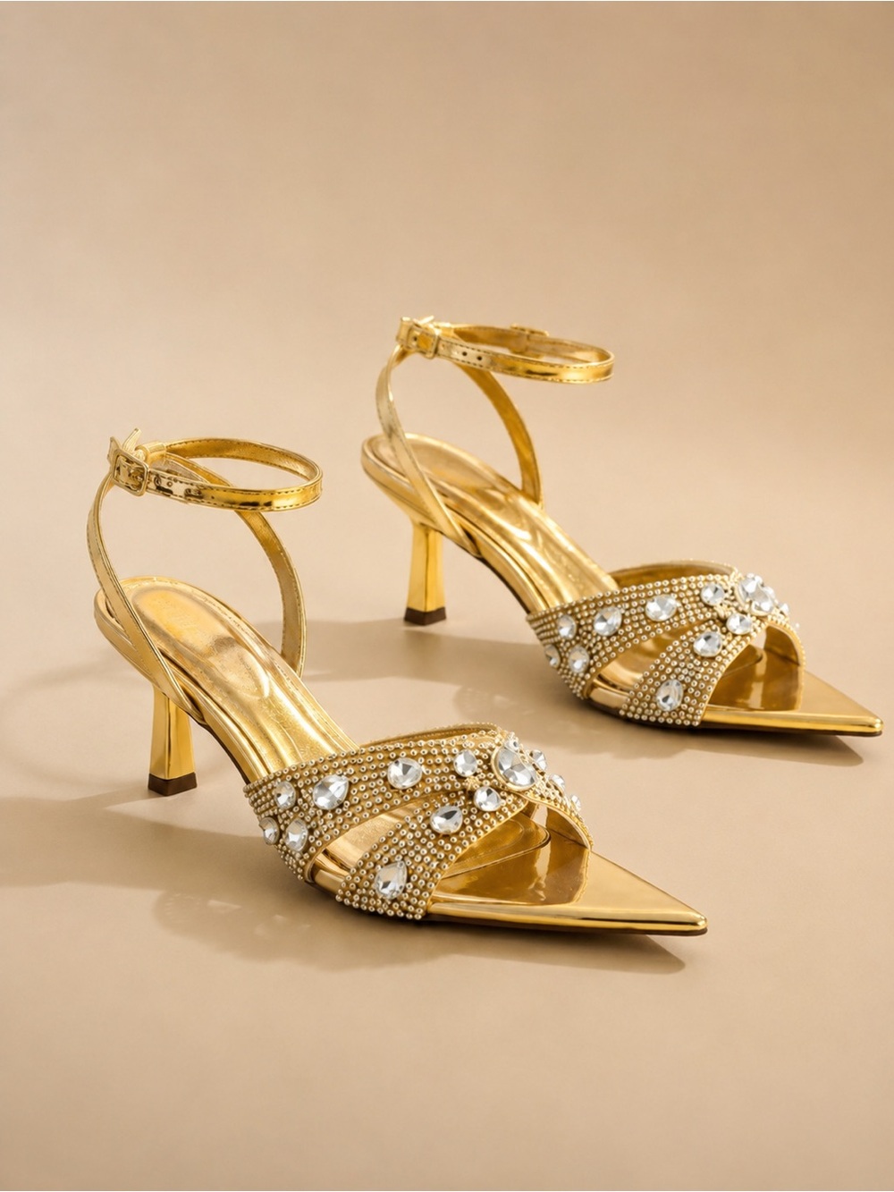 Azalea Wang Ziva Gold Jeweled Ankle Strap Sandal 6.5 NWOB
